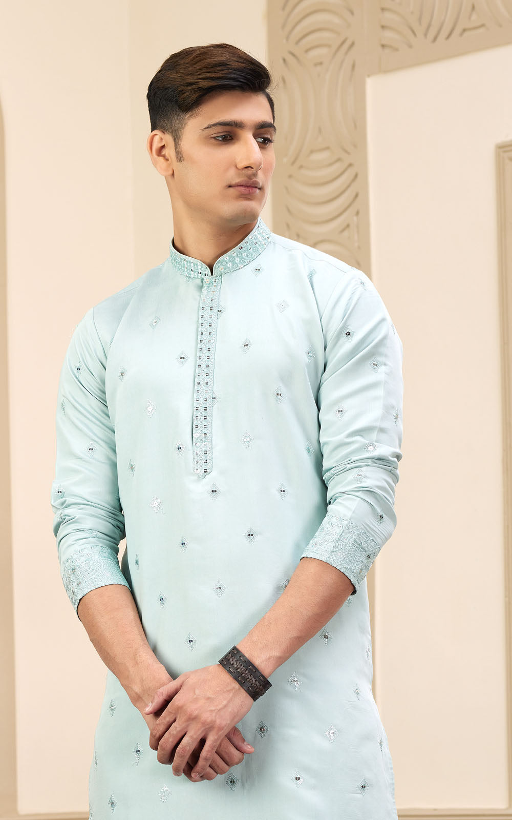 Pista Green Thread Work Art Silk Kurta