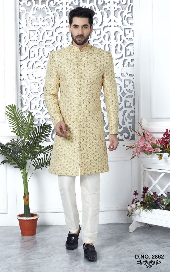 Yellow Jacquard Silk Indo-Western