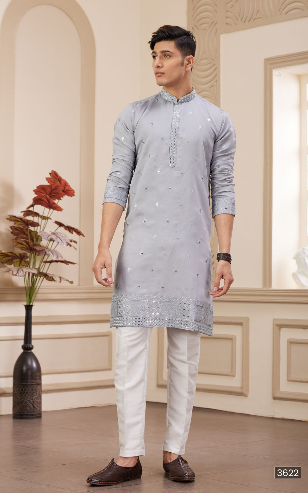 Light Grey Thread Work Art Silk Kurta
