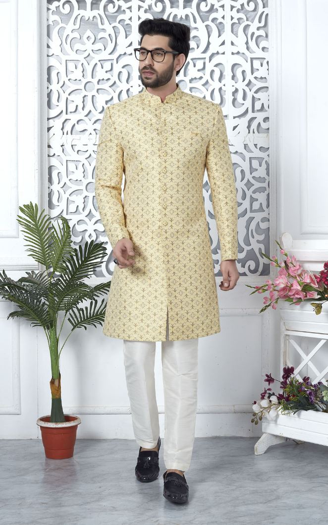 Yellow Jacquard Silk Indo-Western