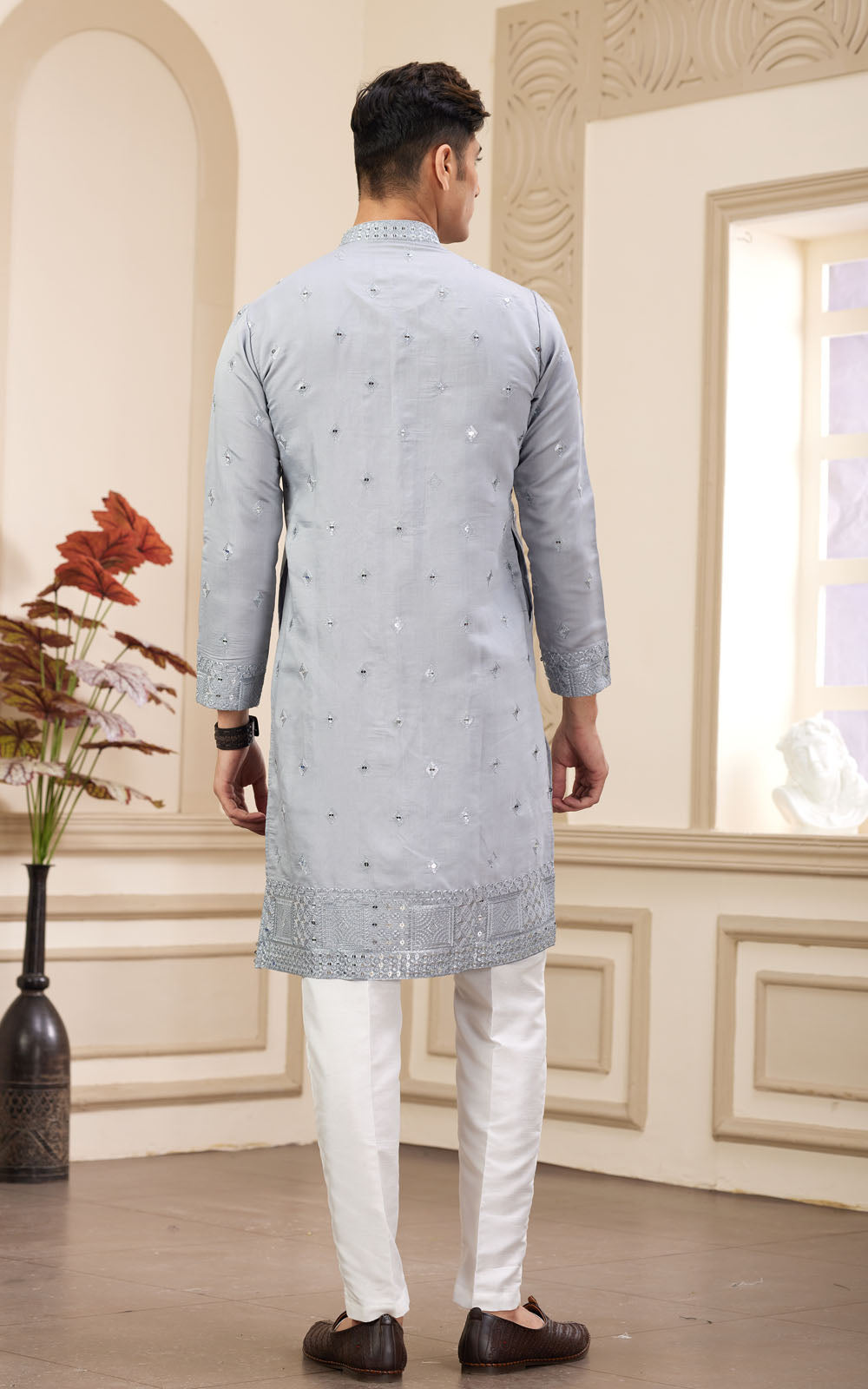 Light Grey Thread Work Art Silk Kurta