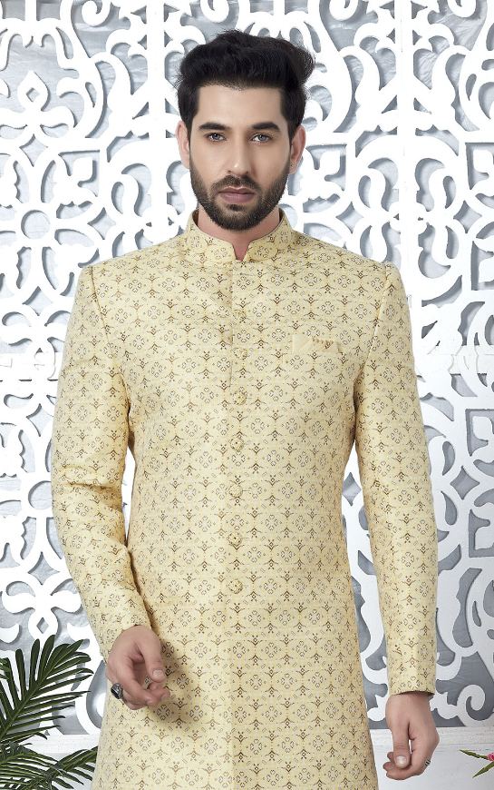 Yellow Jacquard Silk Indo-Western