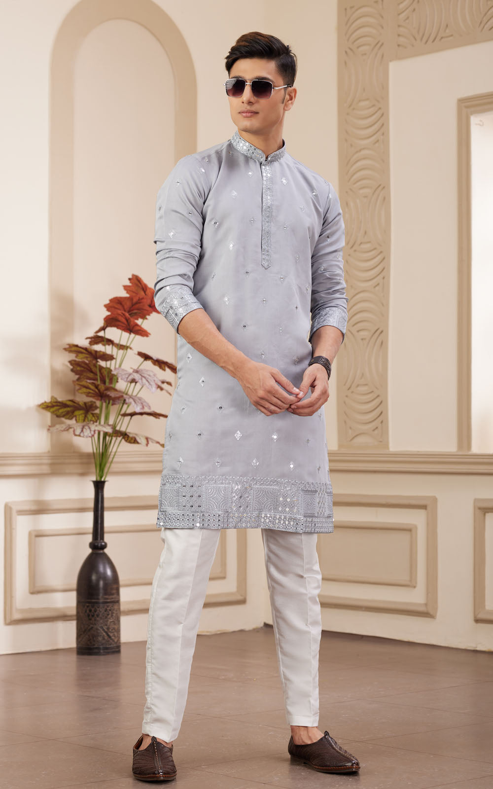 Light Grey Thread Work Art Silk Kurta