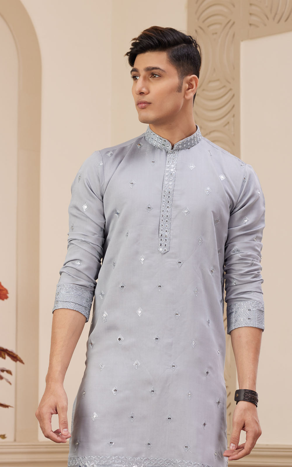 Light Grey Thread Work Art Silk Kurta