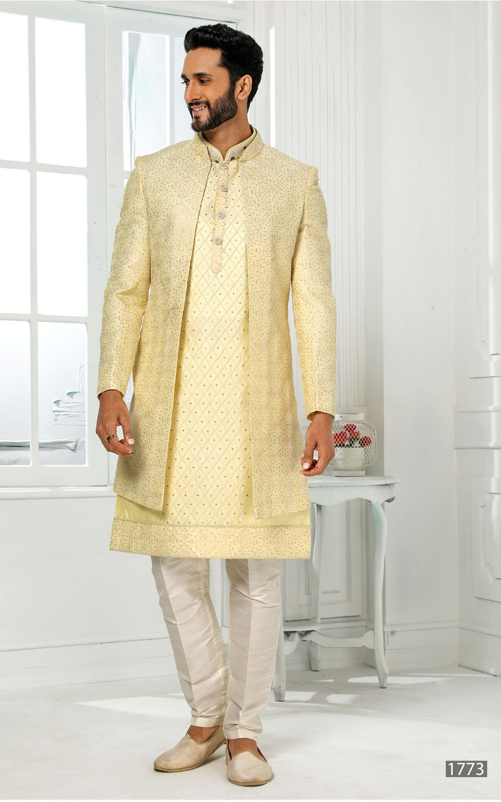 Light Yellow Kurta Pajama With Jacket 3 Pcs Set