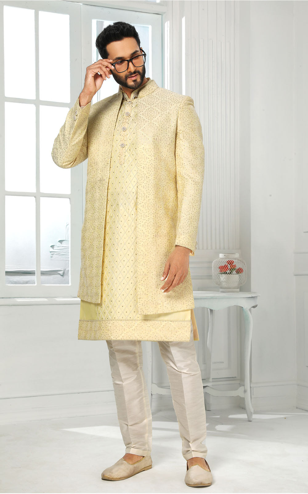 Light Yellow Kurta Pajama With Jacket 3 Pcs Set