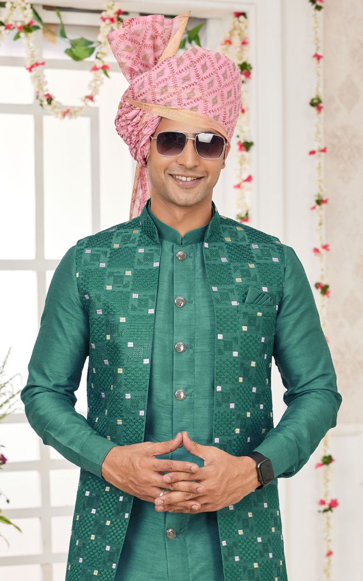 Green Thread Embroidered Waistcoat