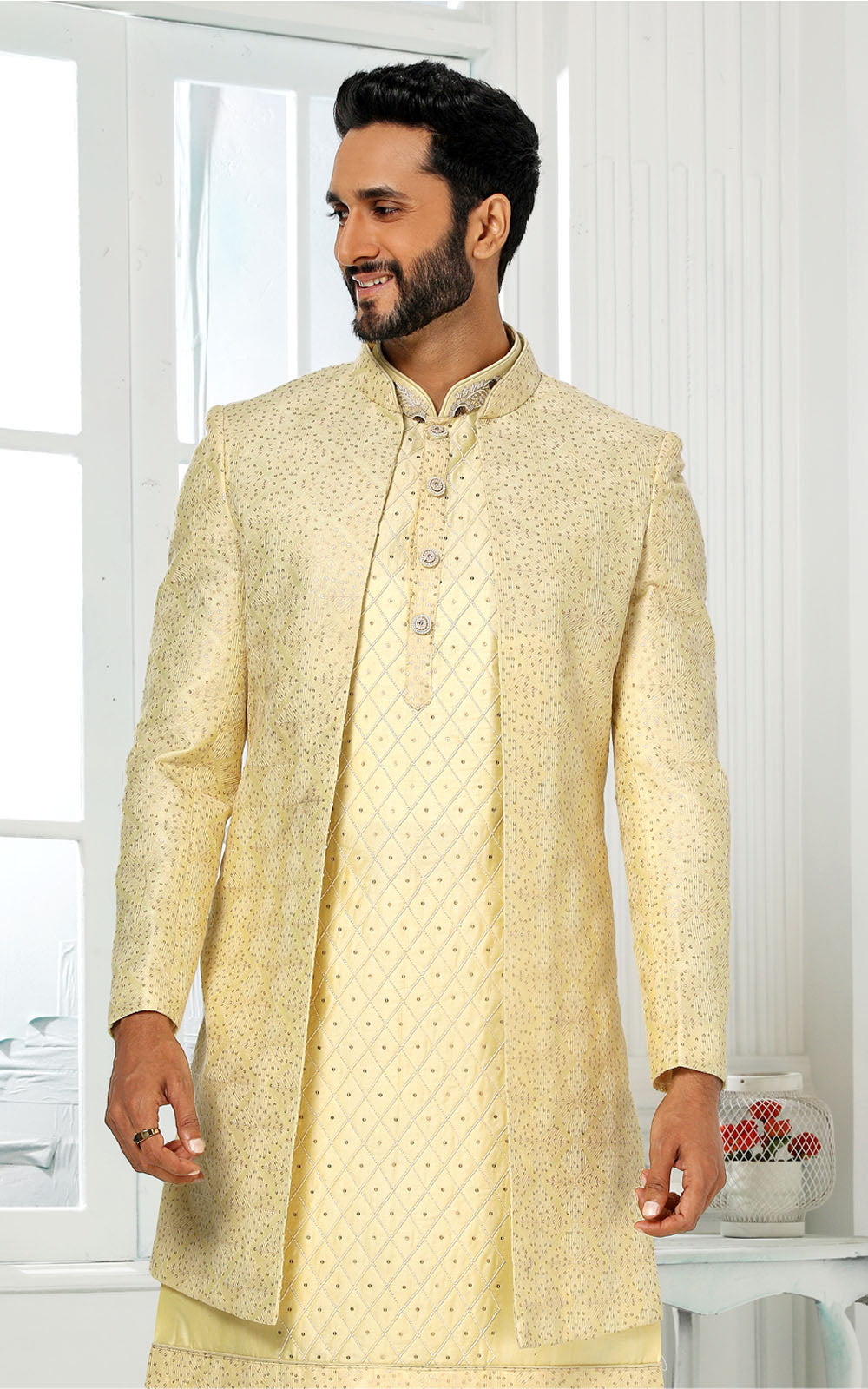 Light Yellow Kurta Pajama With Jacket 3 Pcs Set