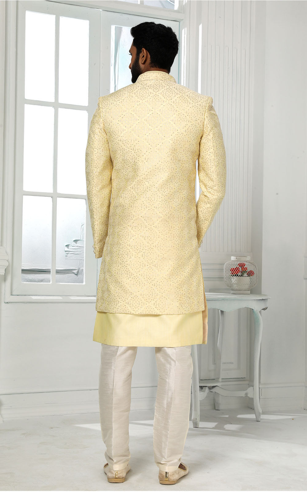 Light Yellow Kurta Pajama With Jacket 3 Pcs Set