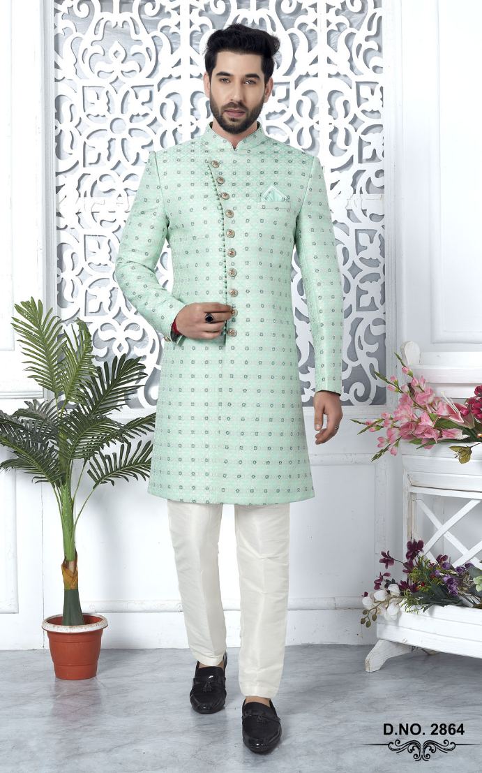 Green Jacquard Silk Indo-Western