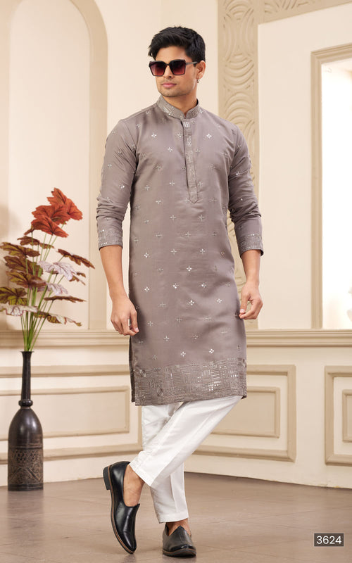 Brown Thread Work Art Silk Kurta
