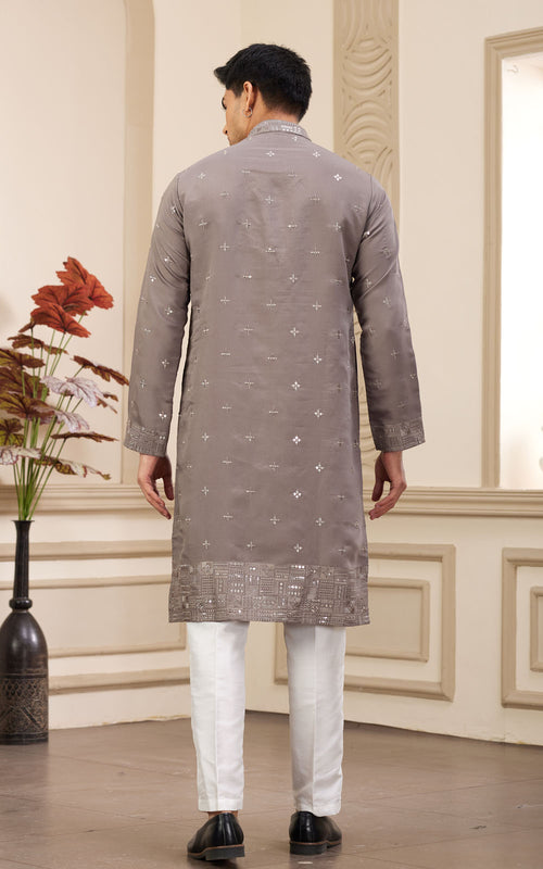Brown Thread Work Art Silk Kurta