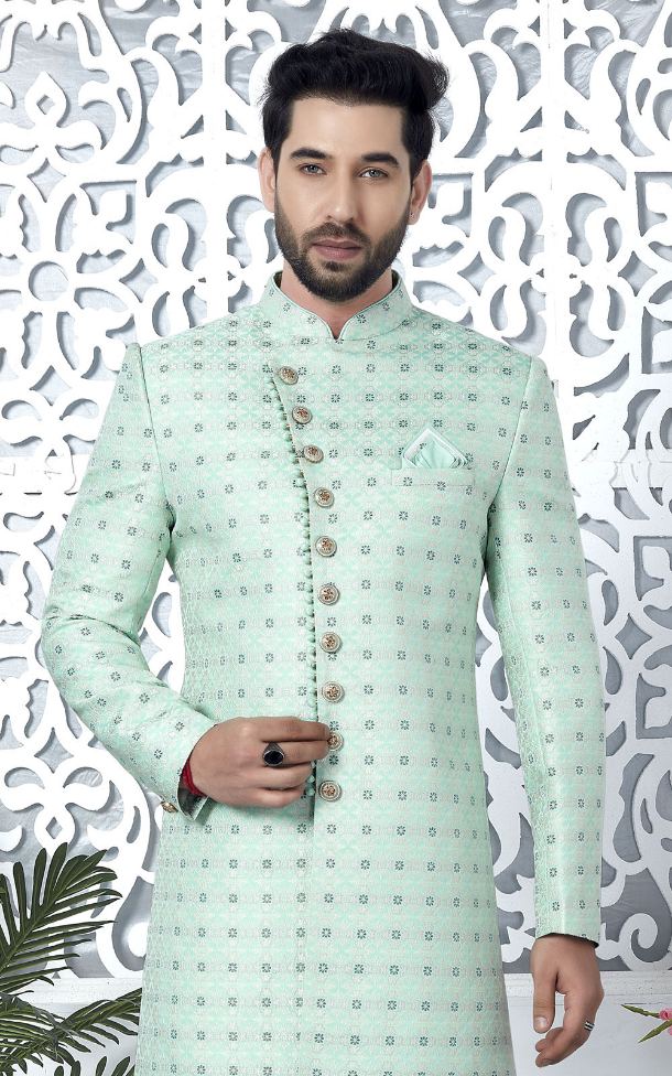 Green Jacquard Silk Indo-Western