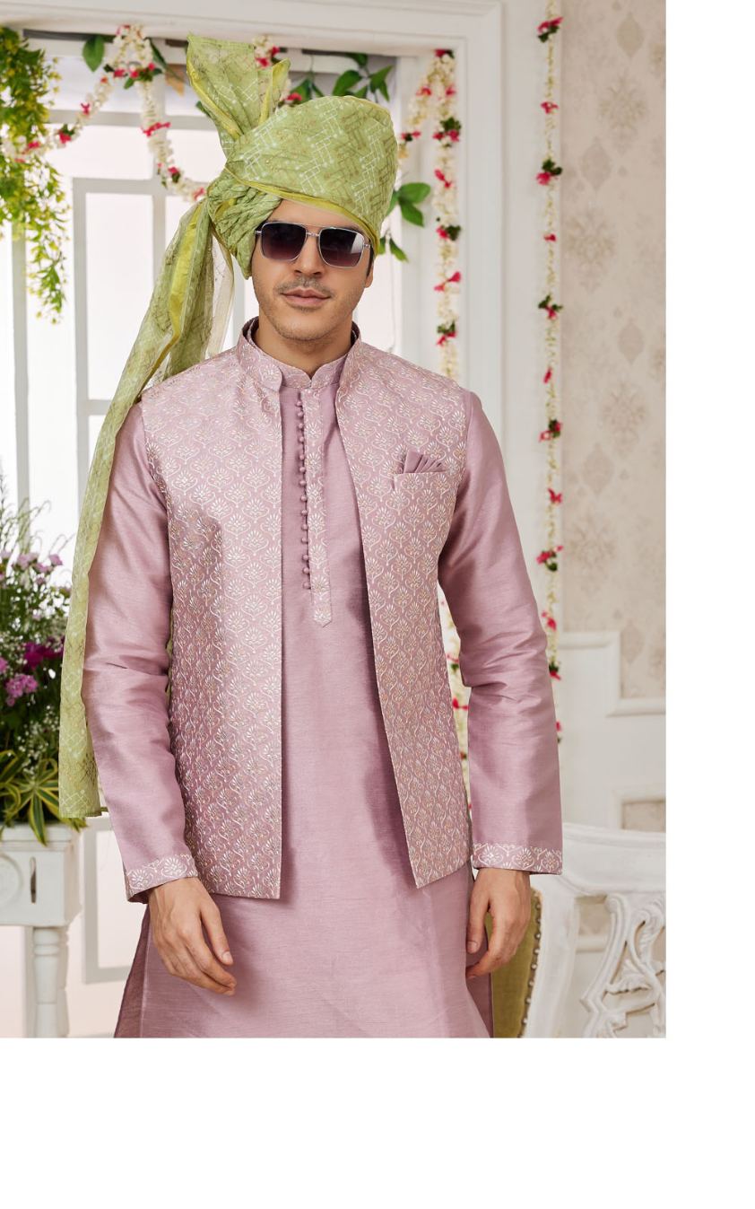 Man wearing a pink traditional Jacket.