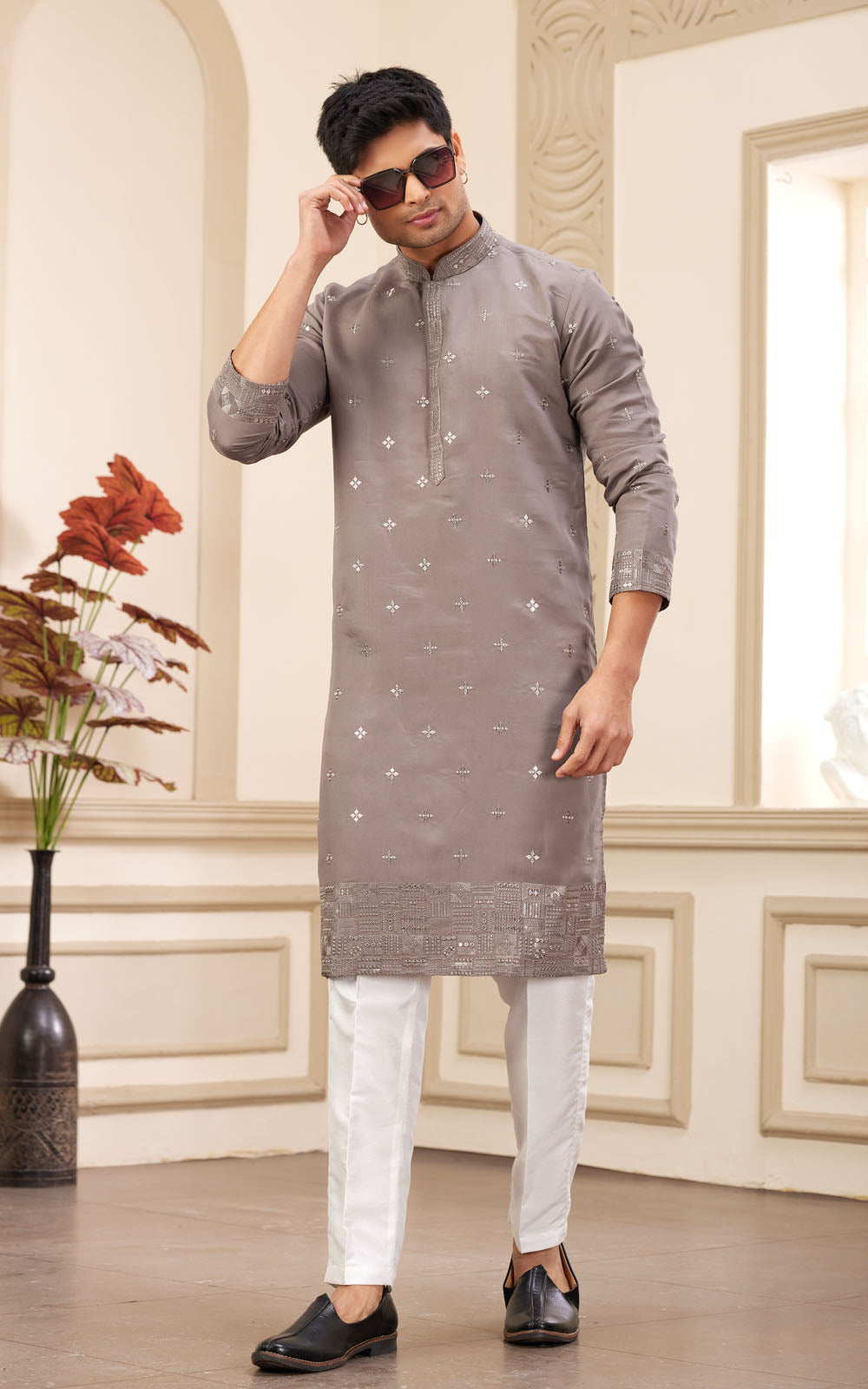 Brown Thread Work Art Silk Kurta