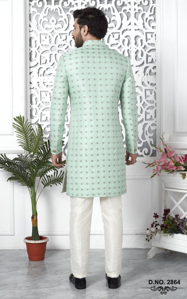 Green Jacquard Silk Indo-Western