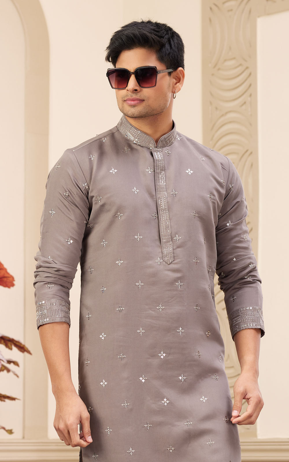 Brown Thread Work Art Silk Kurta