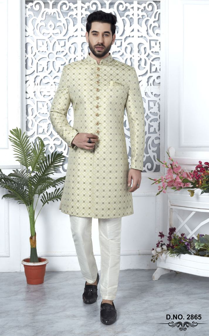 Pista Green Jacquard Silk Indo-Western