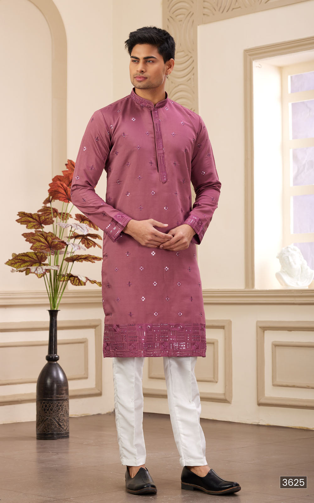 Pink Thread Work Art Silk Kurta