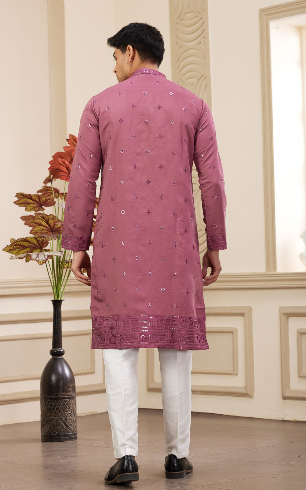 Pink Thread Work Art Silk Kurta - Back