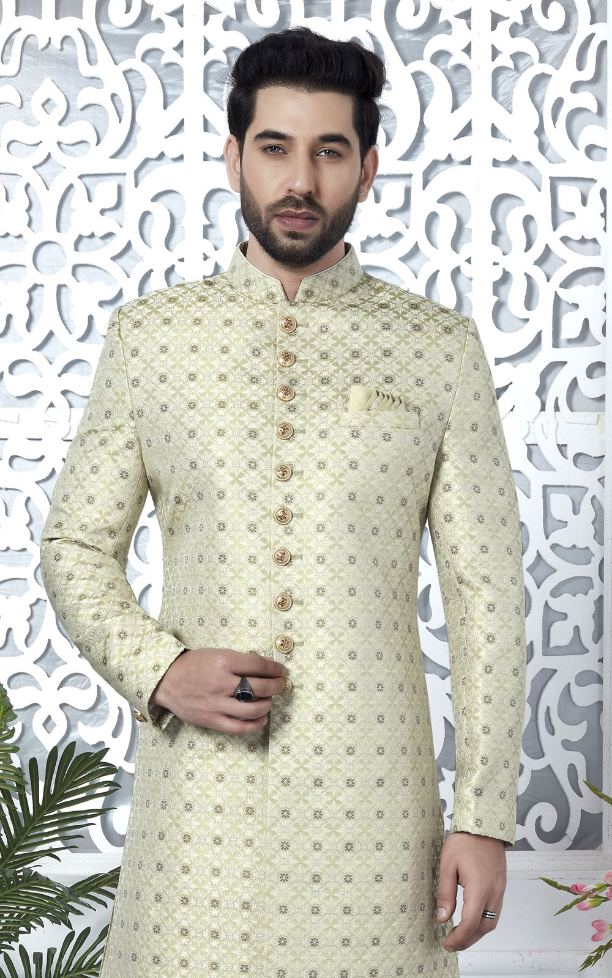 Pista Green Jacquard Silk Indo-Western