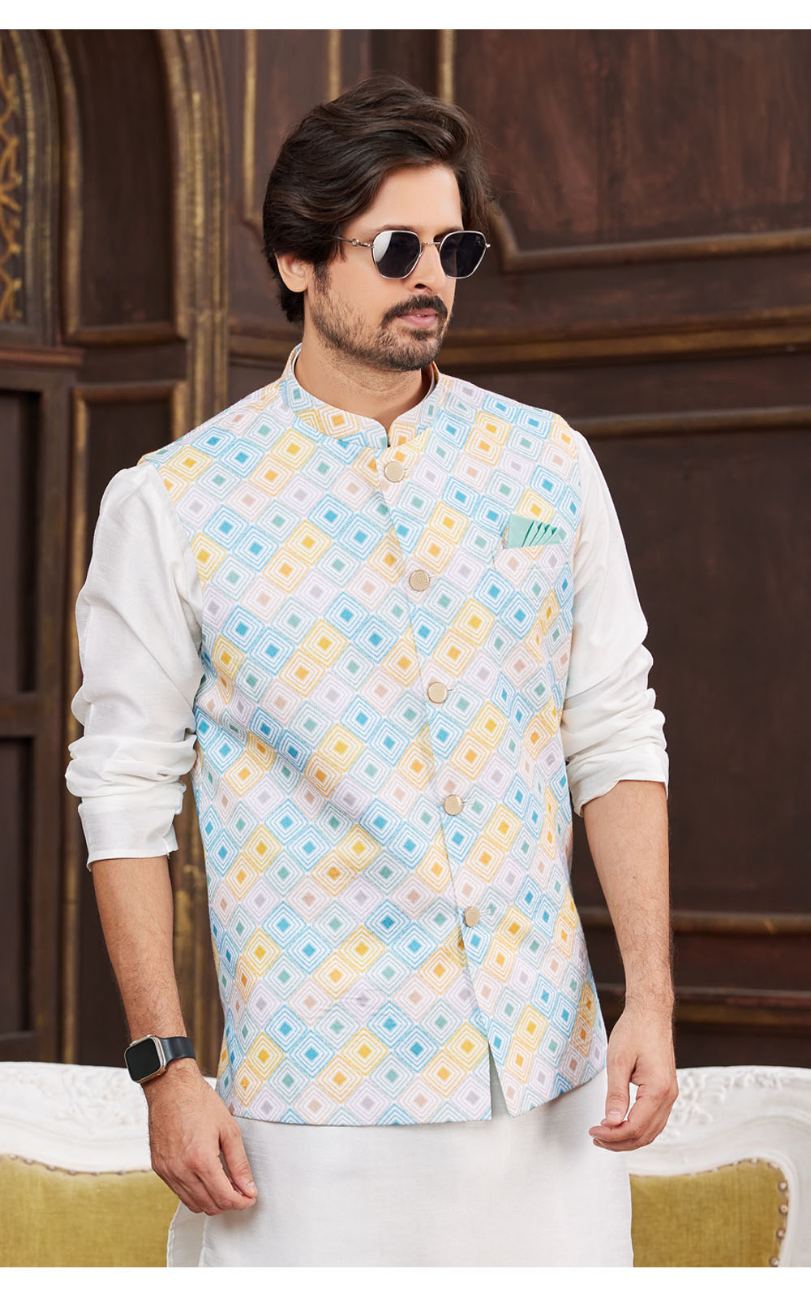 Multi Colour Art Silk Waistcoat for Men