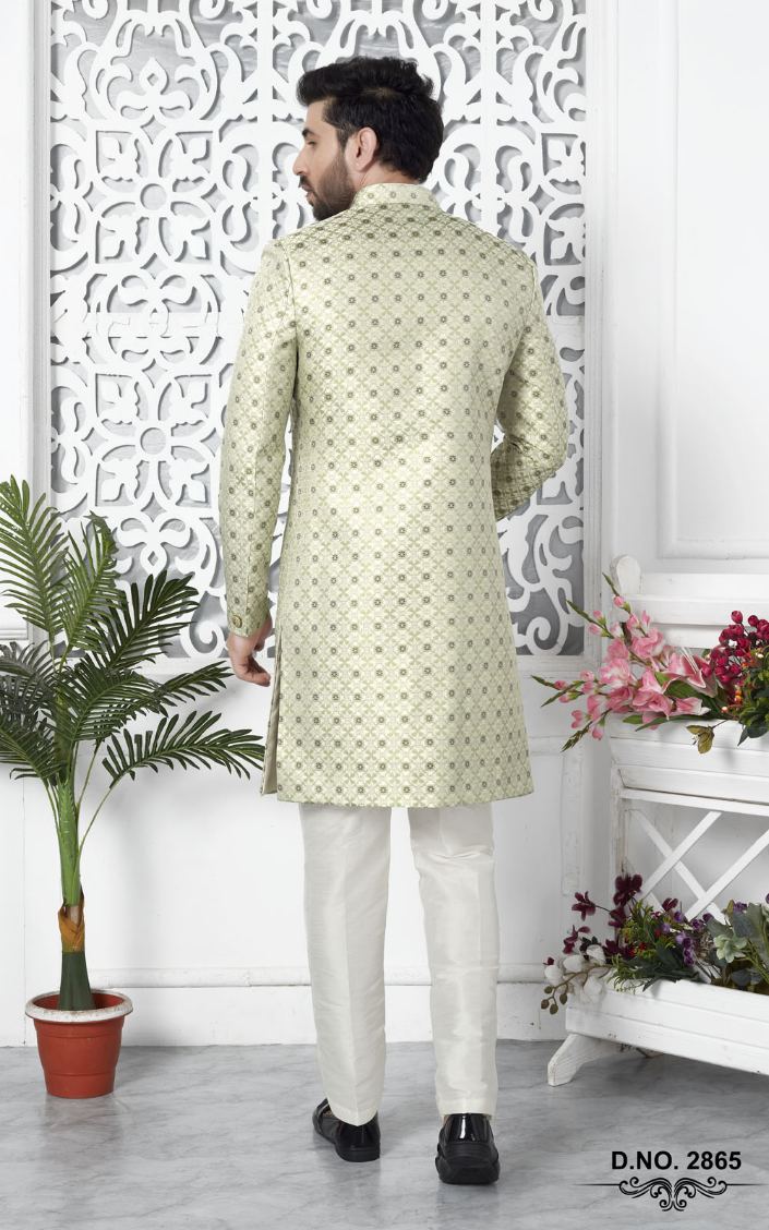 Pista Green Jacquard Silk Indo-Western