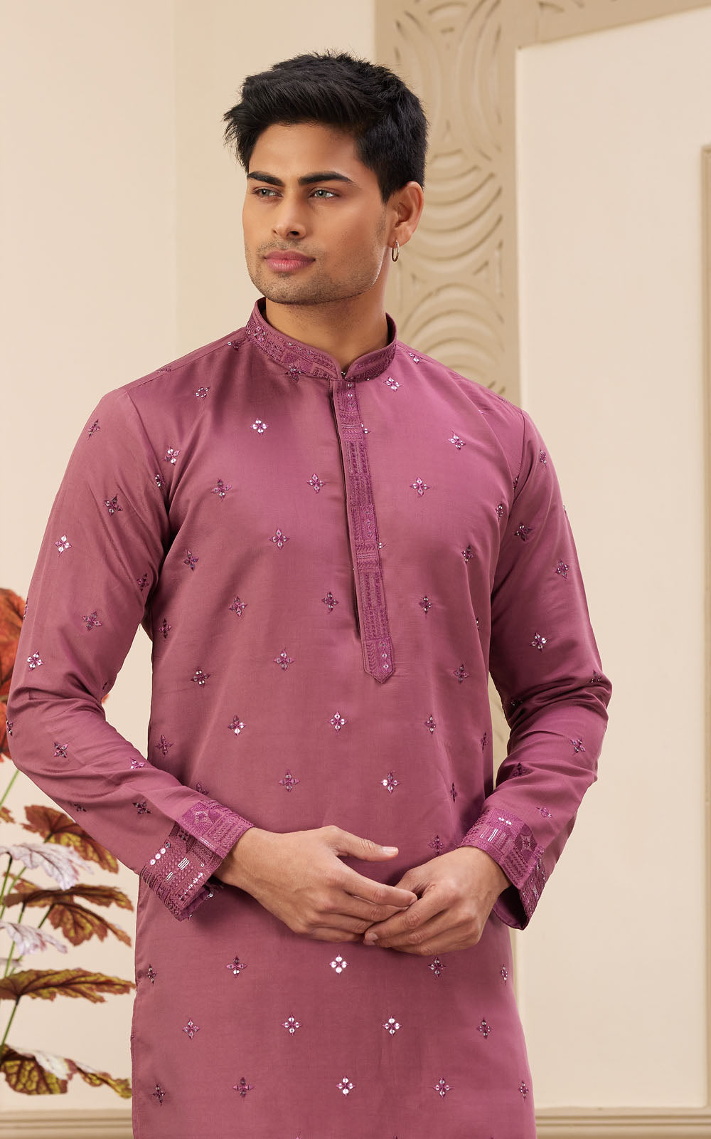 Pink Thread Work Art Silk Kurta - Closeup