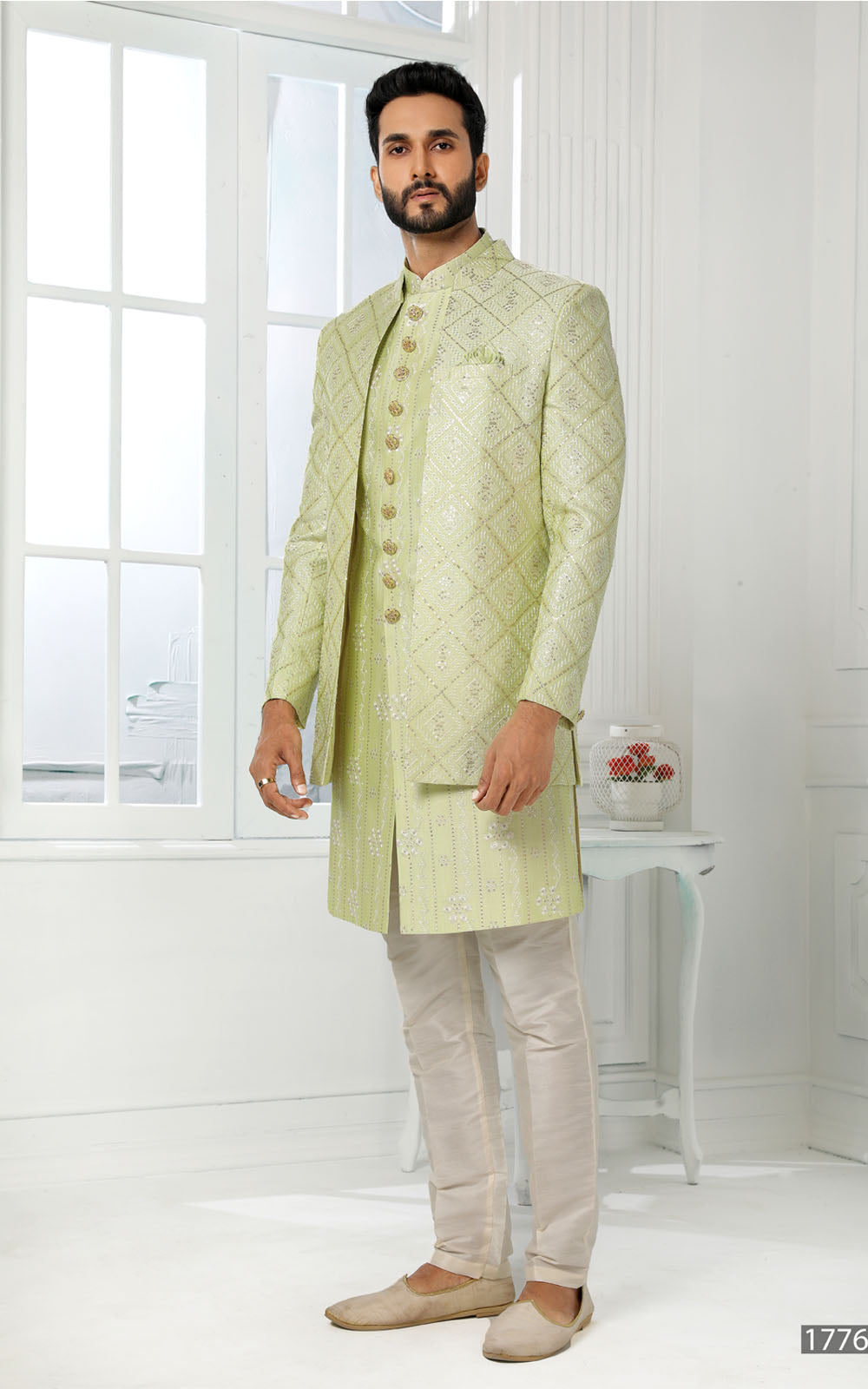 Pista Green Indo-Western With Jacket 3 Pcs Set