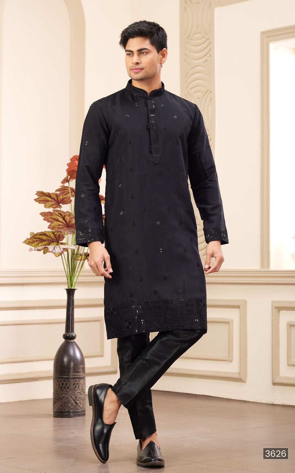 Black Thread Work Art Silk Kurta