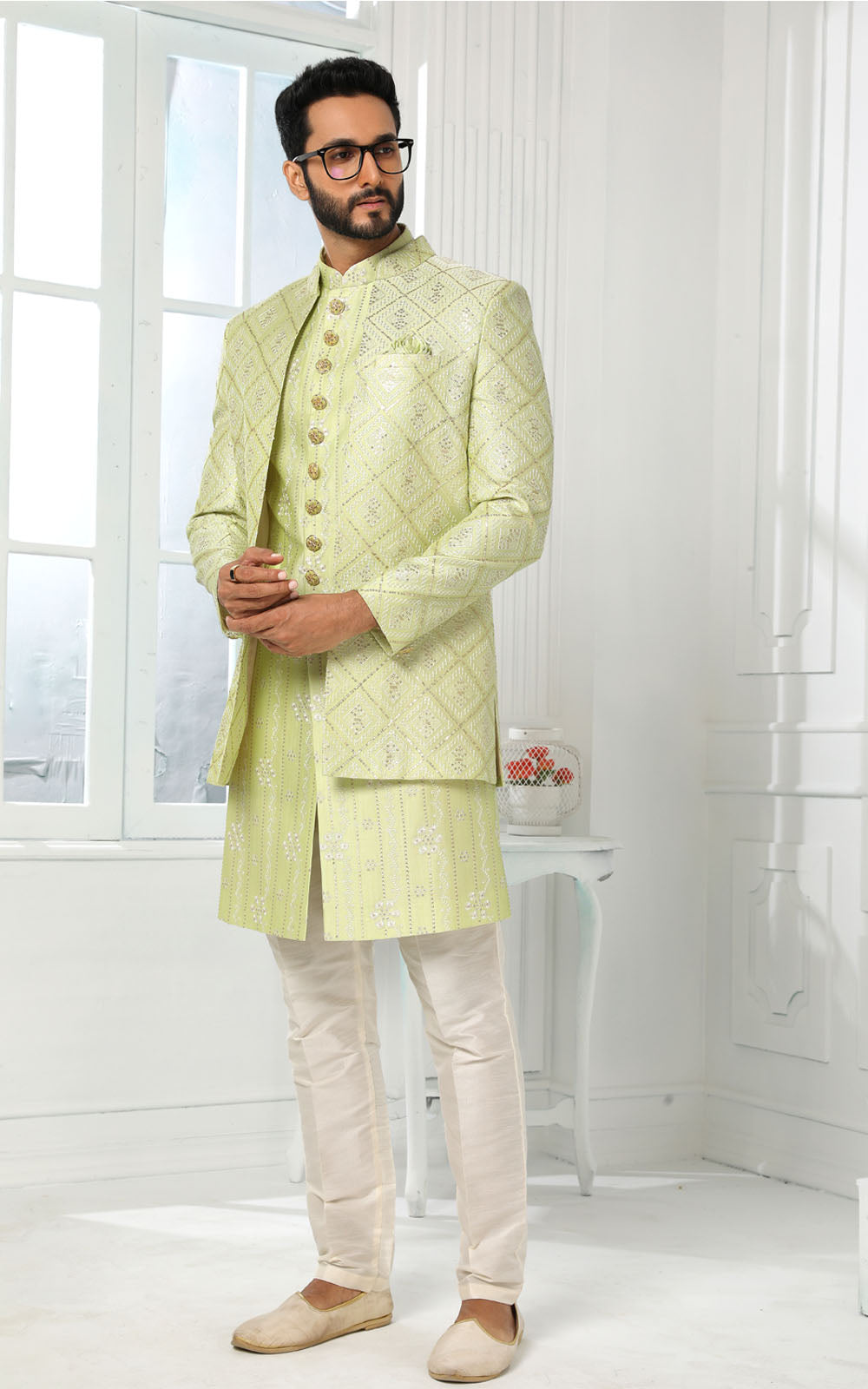 Pista Green Indo-Western With Jacket 3 Pcs Set