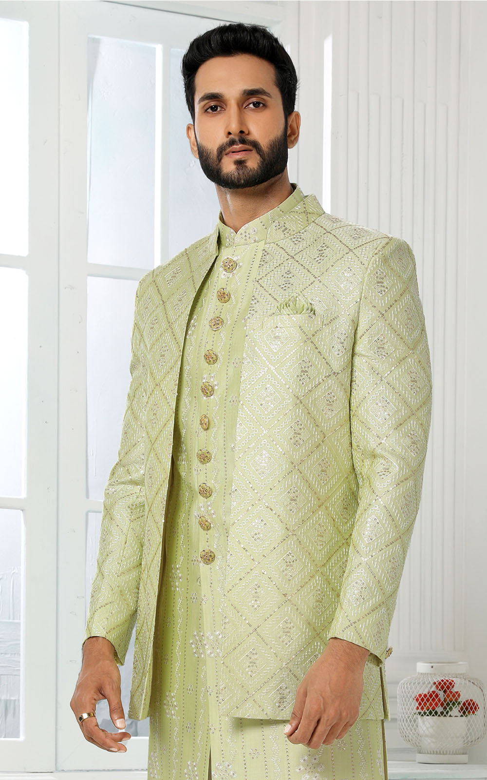 Pista Green Indo-Western With Jacket 3 Pcs Set