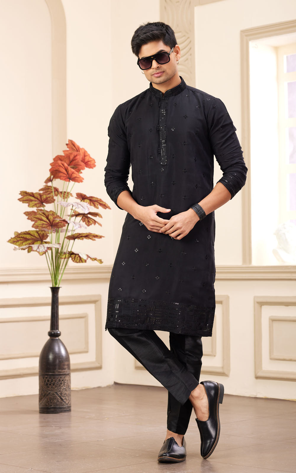 Black Thread Work Art Silk Kurta