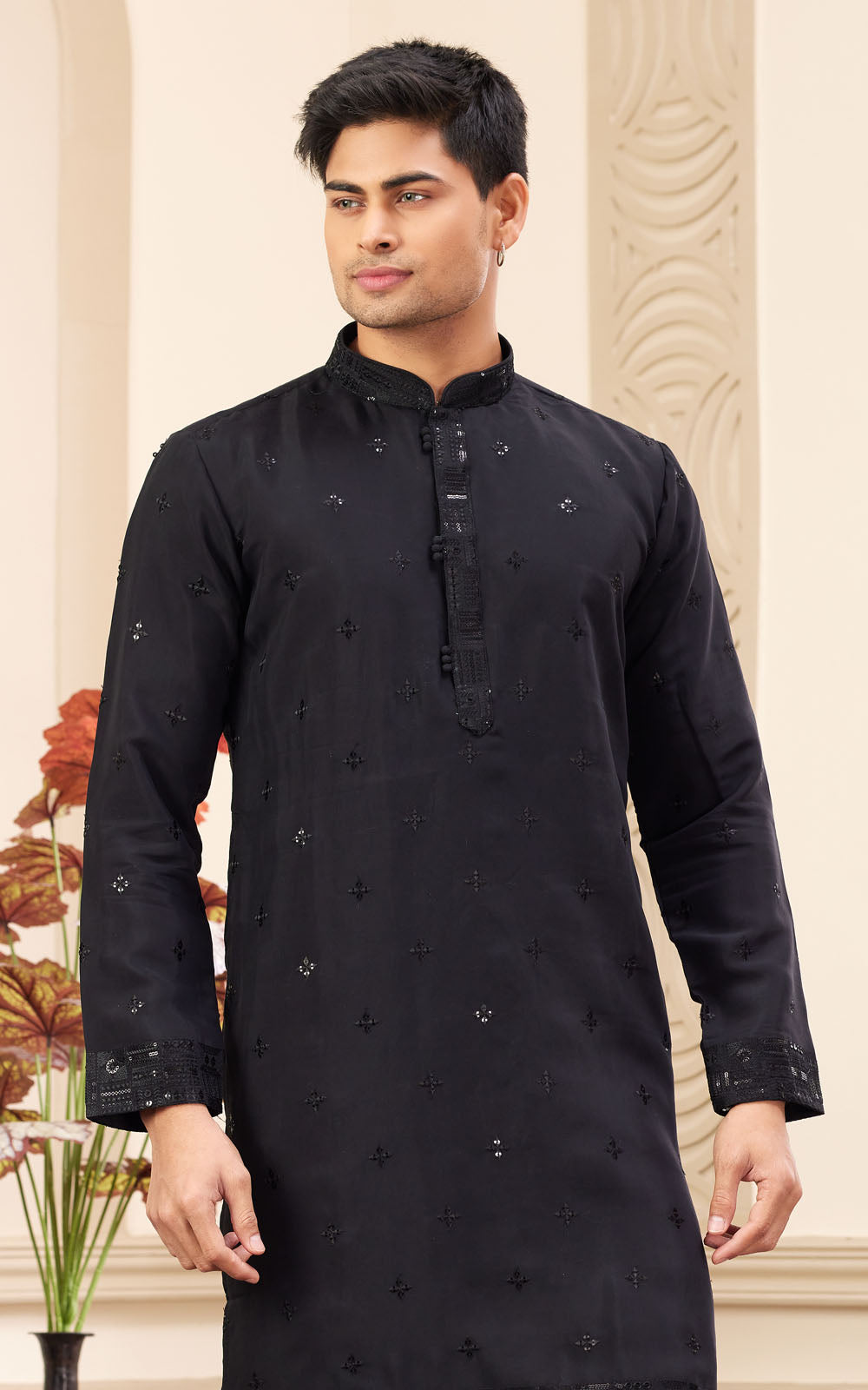 Black Thread Work Art Silk Kurta
