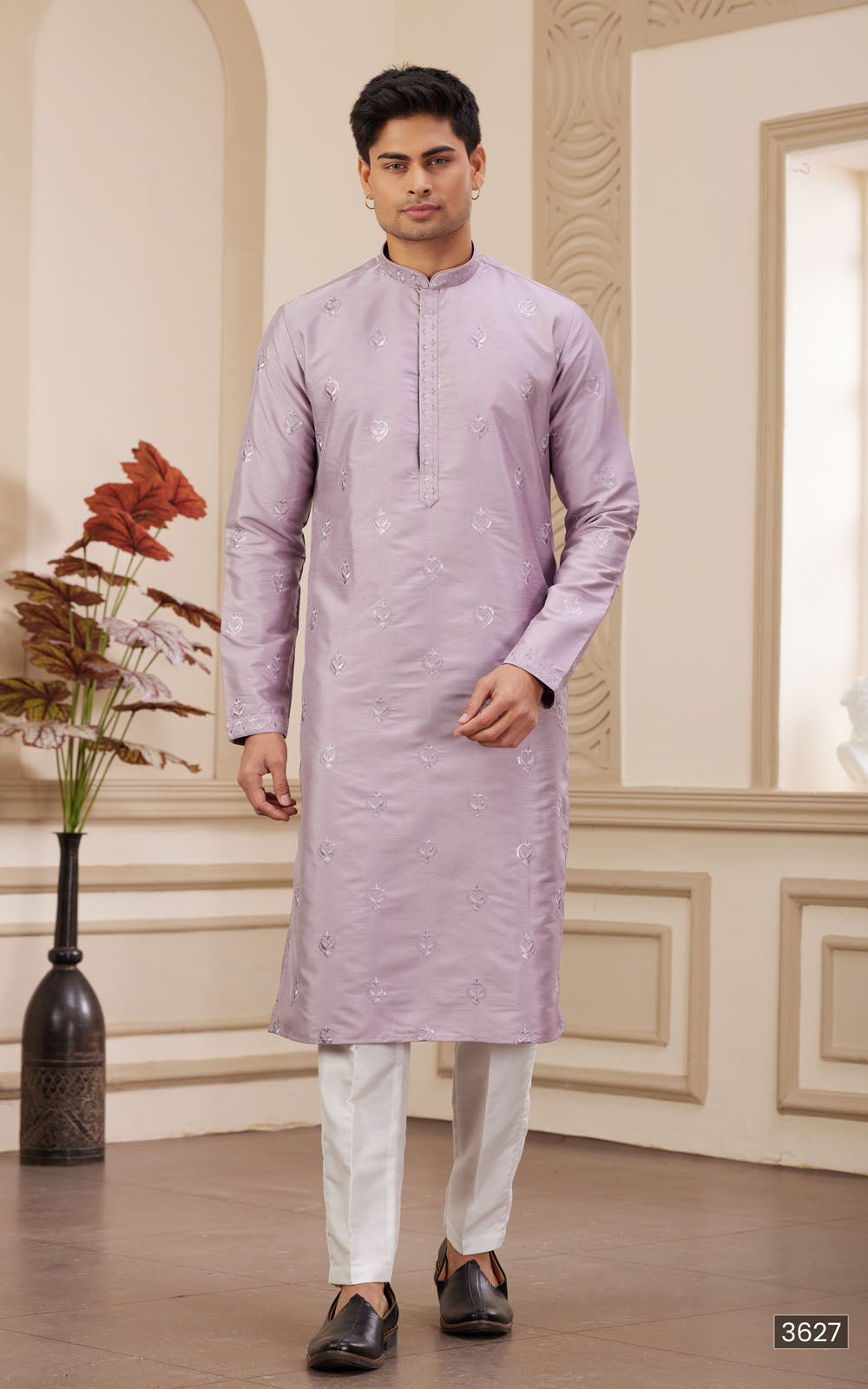 Light Purple Thread Work Art Silk Kurta