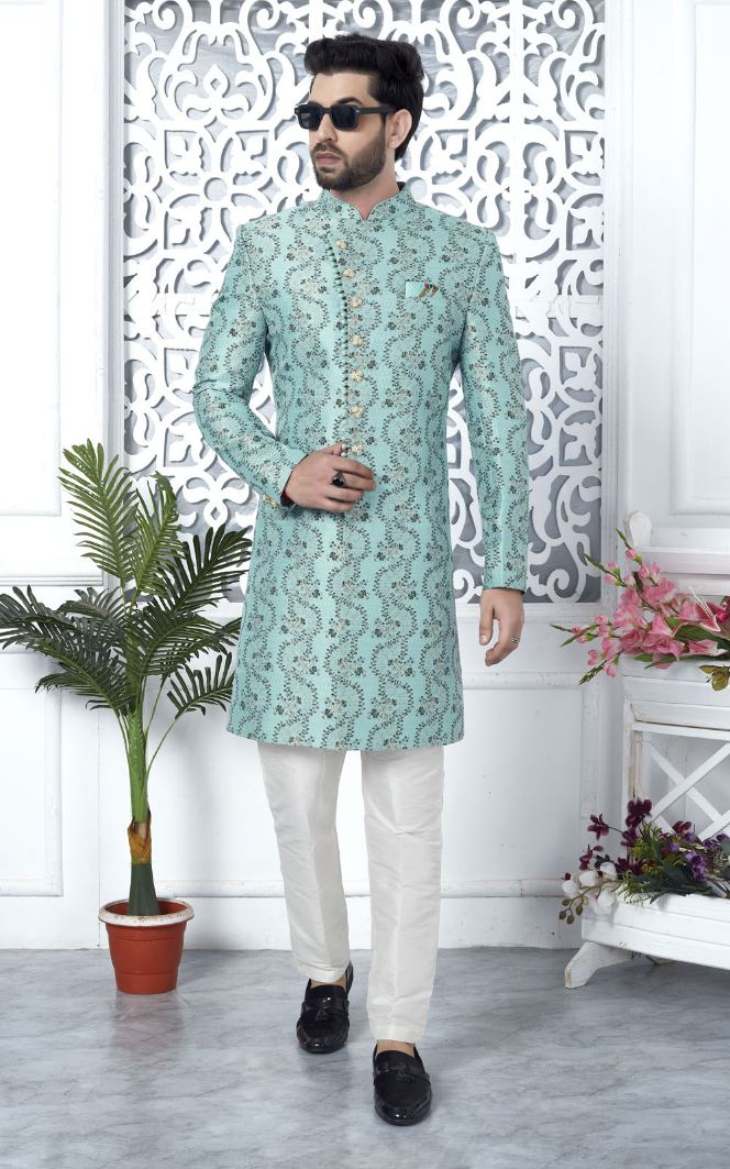 Firozi Jacquard Silk Indo-Western