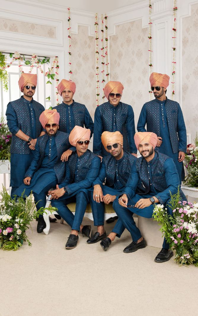 Blue Kurta Pajama With Jacket 3 Pcs Set