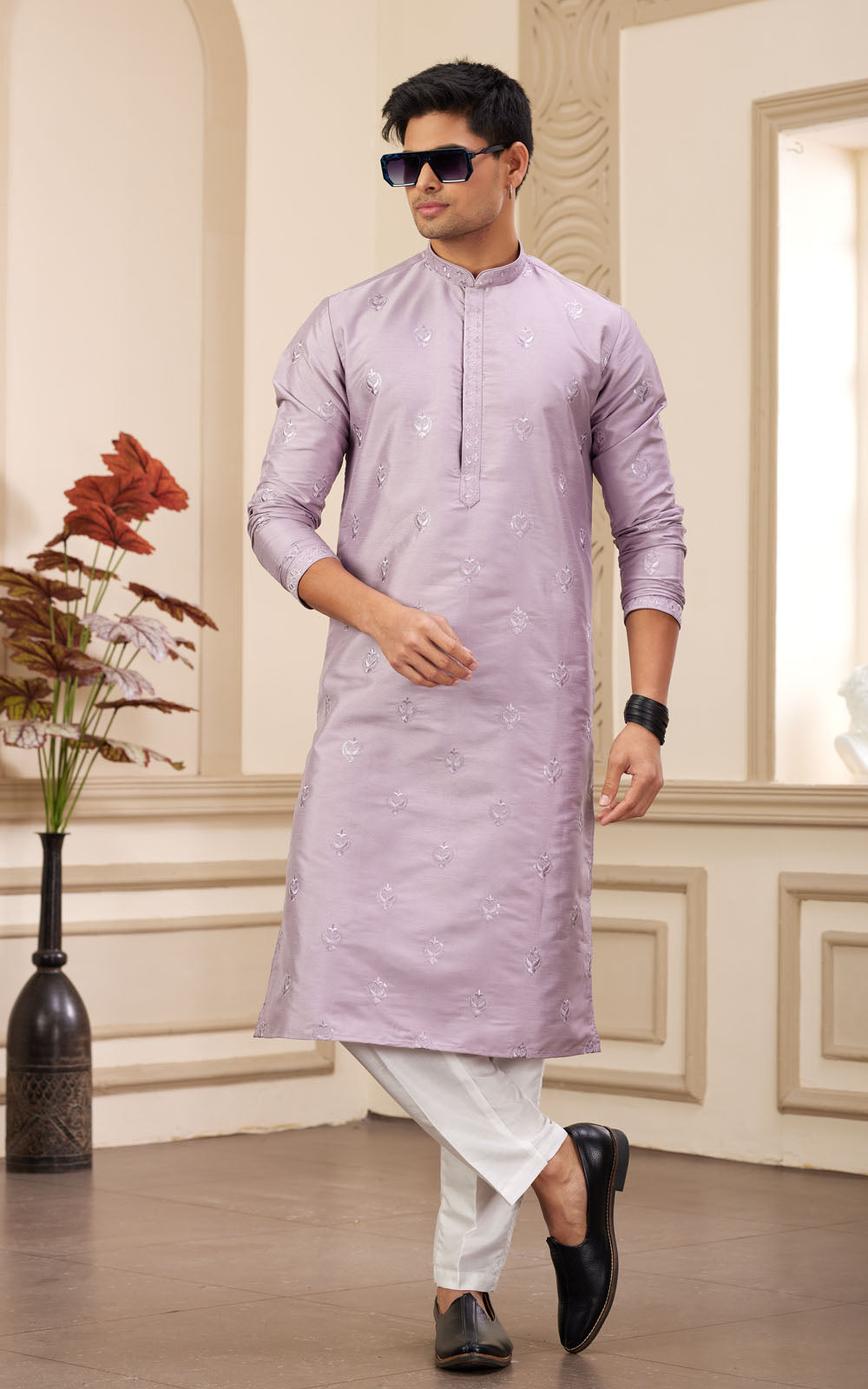 Light Purple Thread Work Art Silk Kurta