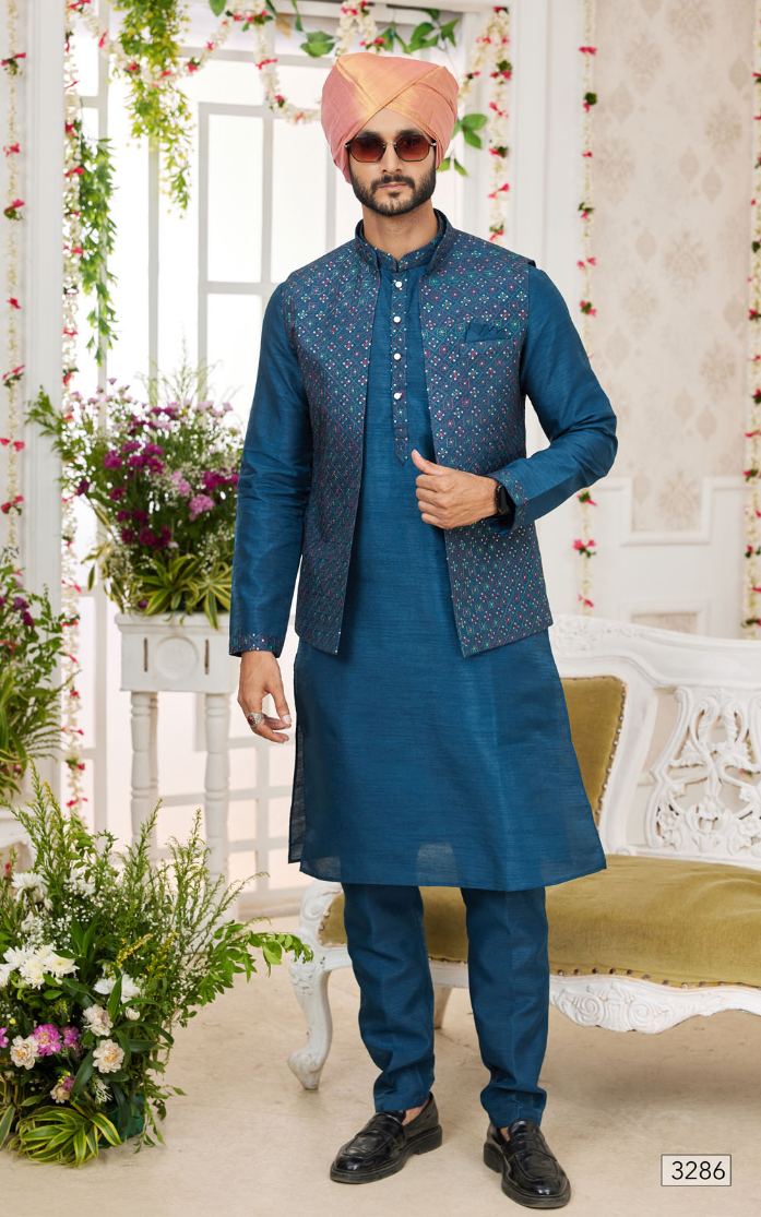 Blue Kurta Pajama With Jacket 3 Pcs Set