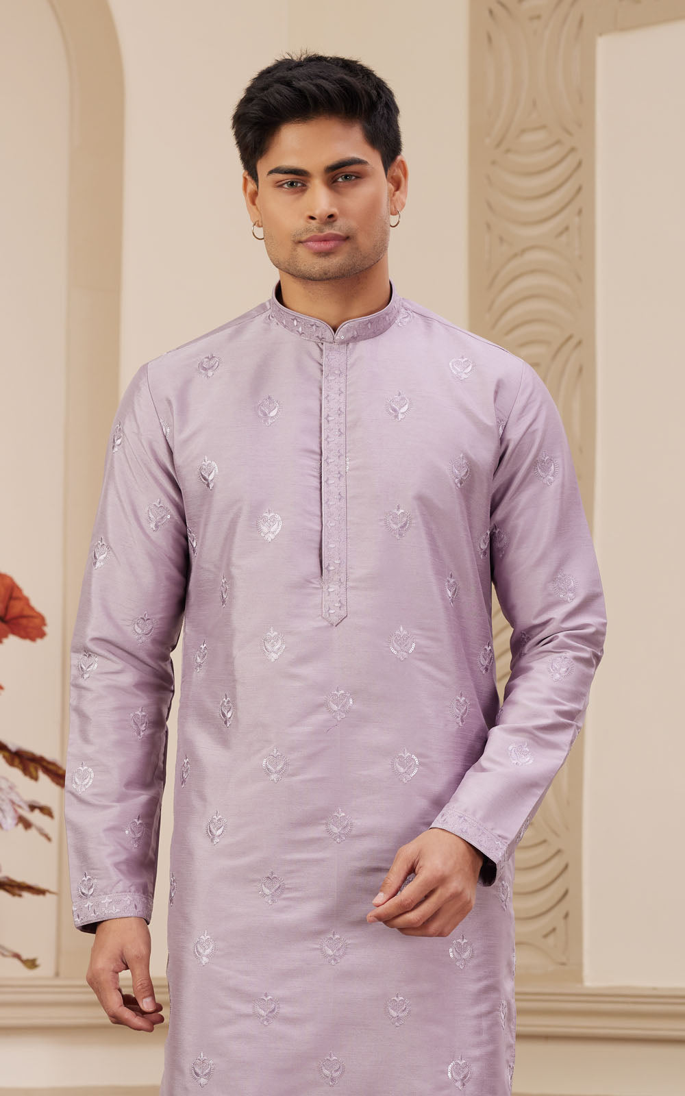 Light Purple Thread Work Art Silk Kurta