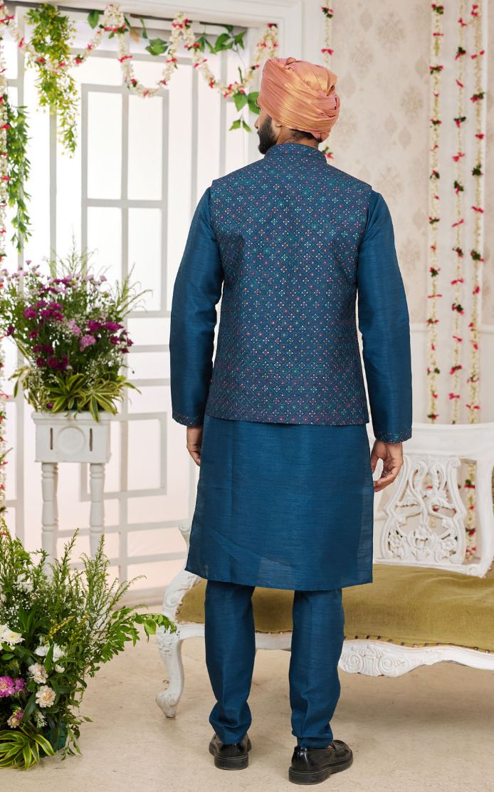 Blue Kurta Pajama With Jacket 3 Pcs Set