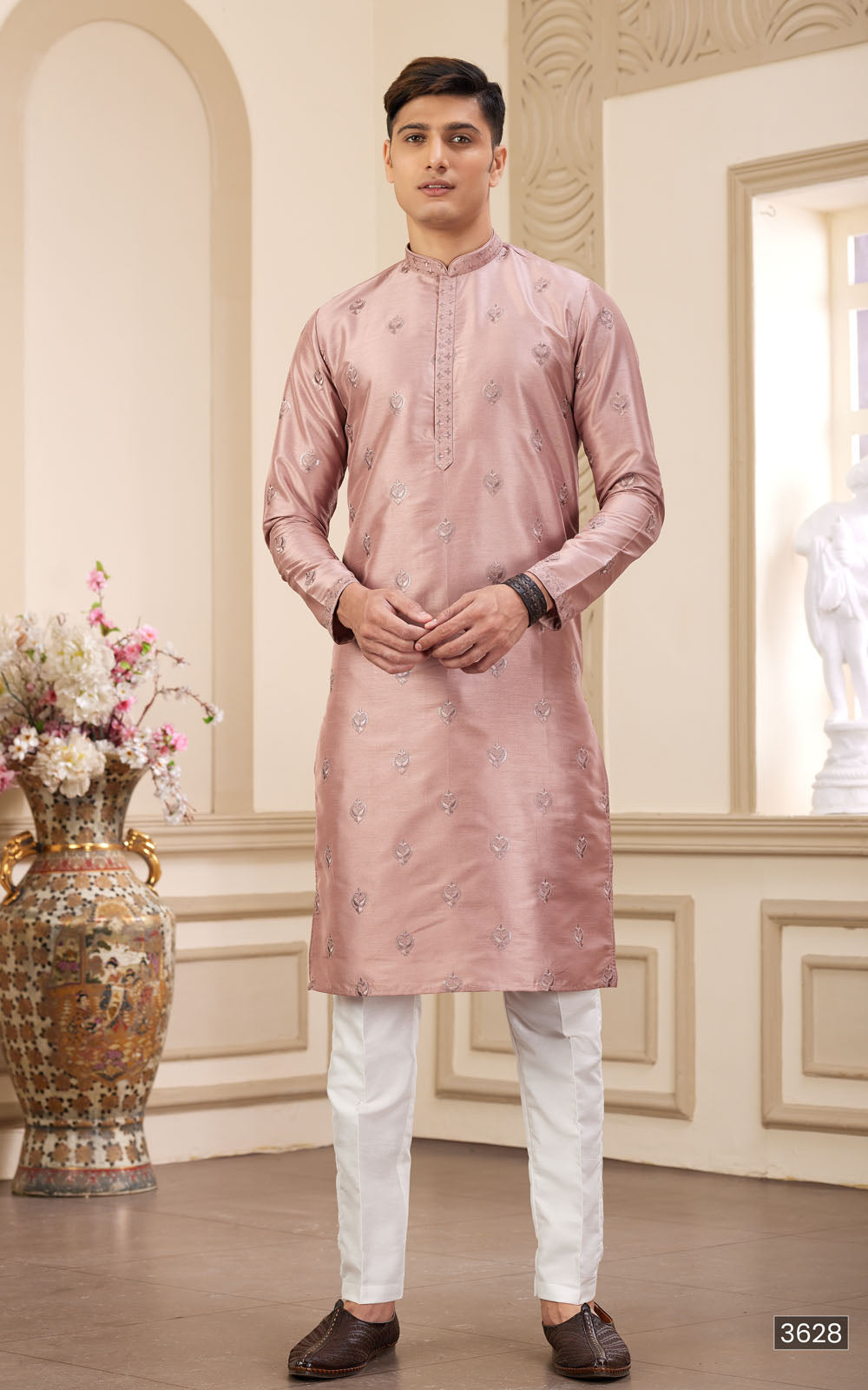 Brown Thread Work Art Silk Kurta