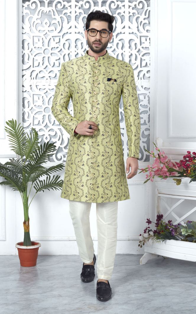 Green Jacquard Silk Indo-Western