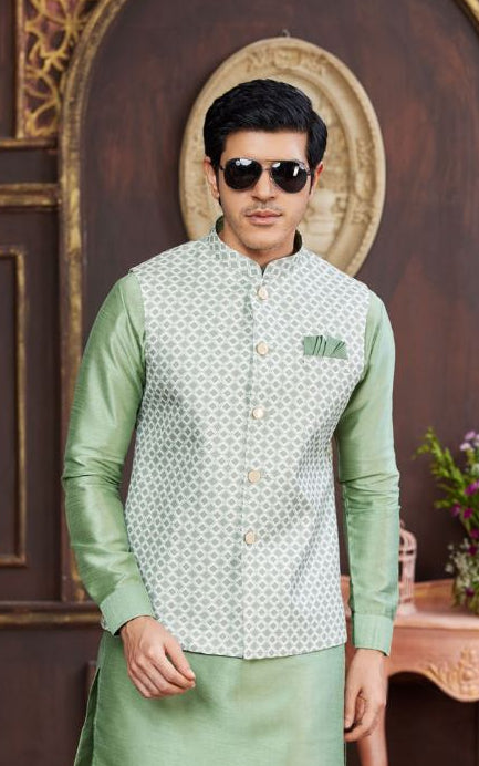 Green Art Silk Waist Coat