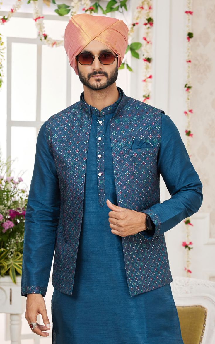 Blue Kurta Pajama With Jacket 3 Pcs Set