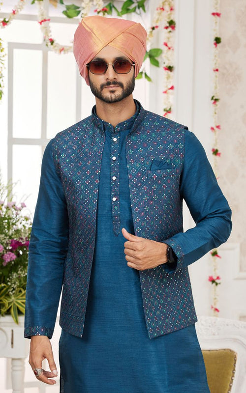 Blue Thread Embroidered Waistcoat for Men