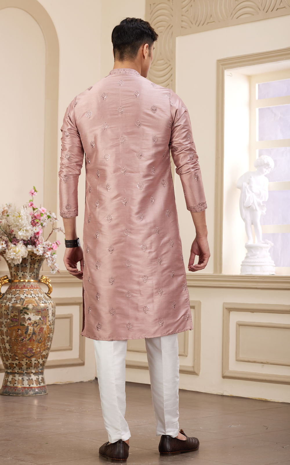 Brown Thread Work Art Silk Kurta