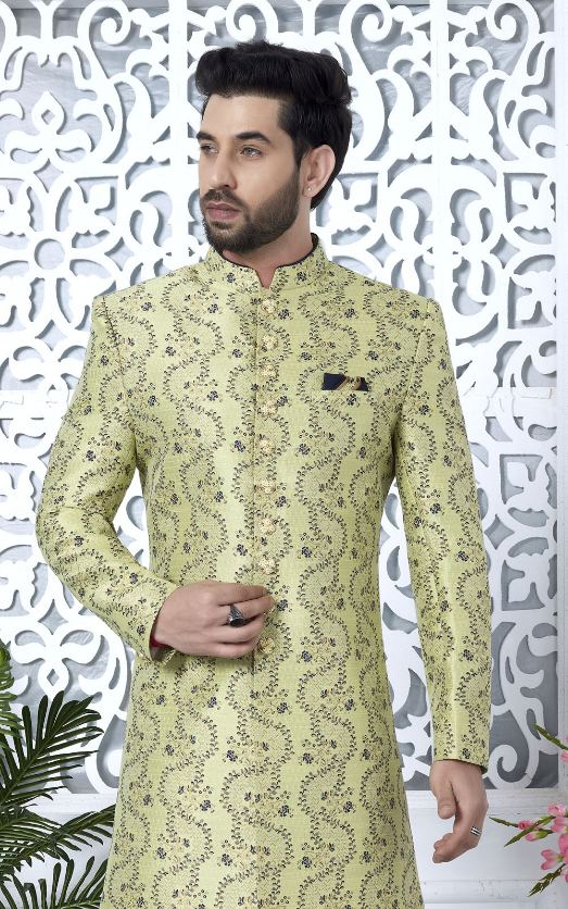Green Jacquard Silk Indo-Western