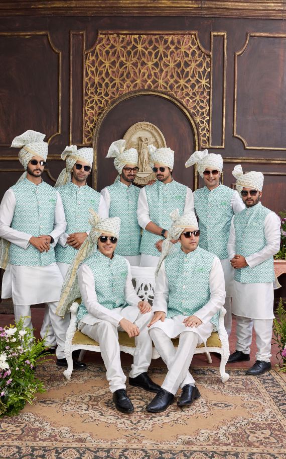 Green Kurta Pajama 3 Pcs Set - A group of men wearing a tradition outfit.