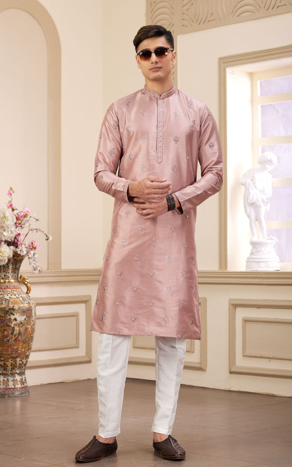 Brown Thread Work Art Silk Kurta - Partywear